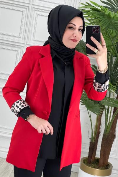 6005 Leopar Astarlı Ceket  Kırmızı