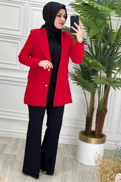 6034 Taş Düğmeli Ceket Kırmızı Kırmızı