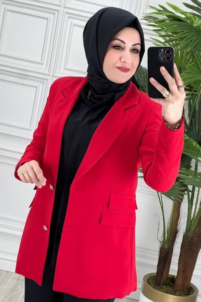 6034 Taş Düğmeli Ceket Kırmızı Kırmızı