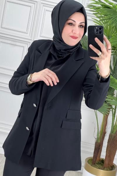 6034 Taş Düğmeli Ceket Siyah Siyah