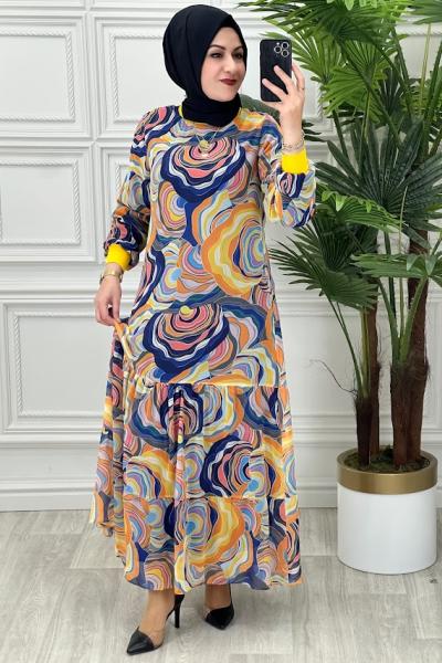 7011 Halka Desen Elbise Sarı Sarı