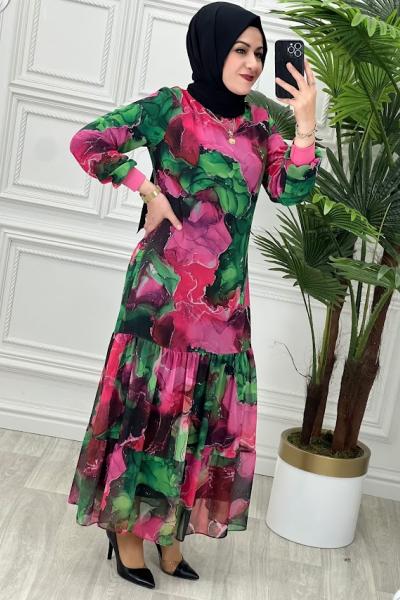 7013 Çiçekli Elbise Fuşya Fuşya