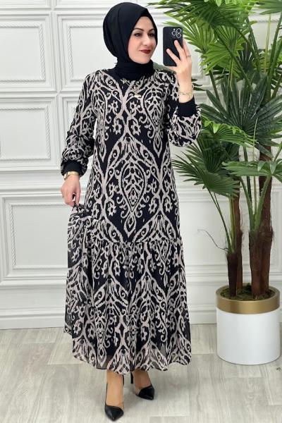 7016 Şal Desen Elbise  Vizon