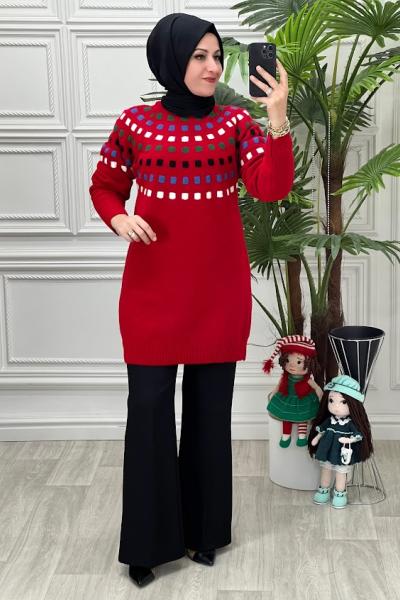 8130 Renkli Kare Desenli Triko Tunik Bordo Bordo