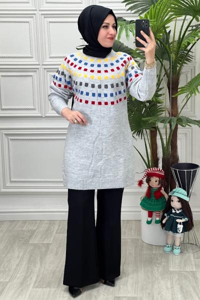8130 Renkli Kare Desenli Triko Tunik Gri Gri