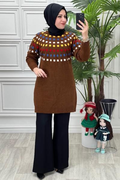 8130 Renkli Kare Desenli Triko Tunik Kahve Kahverengi