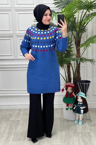 8130 Renkli Kare Desenli Triko Tunik Saks Saks Mavisi