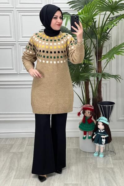 8130 Renkli Kare Desenli Triko Tunik Vizon Vizon